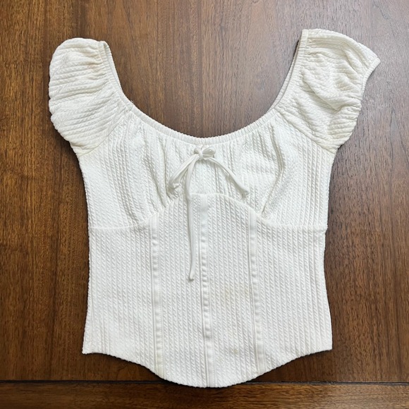 Almost Famous White Tie-Front Corset Crop Top Puff Sleeves Women's Small Jr - Picture 1 of 5